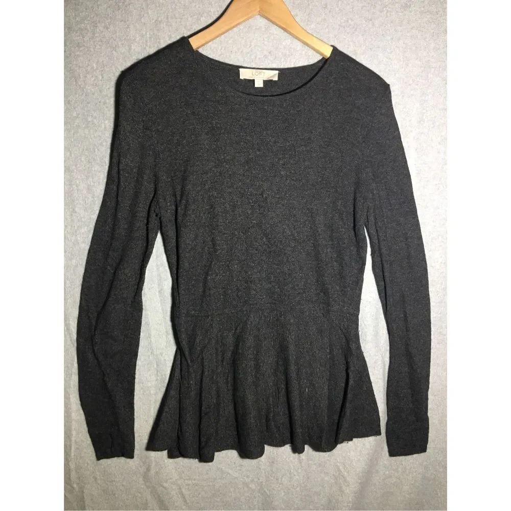 Womens Loft Top Peplum Style Grey Wool Blend Casual Long Sleeve Scoop Neck